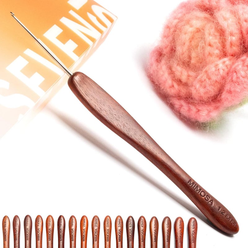 sevensun Mimosa 1.2mm Single Crochet Hook, Available in 0.6mm-6.5mm, Ergonomic Hand Polished Stainless Steel Inline Pointy Wood Handle Crochet Hook for Arthritic Hands - Image 1